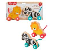 Fisher-Price - Animali a Spinta in Legno, set da 2 veicoli animali con ruote in silicone e code in morbido tessuto per lo sviluppo sensoriale, giocattolo per bambini, 6+ mesi, JFN19
