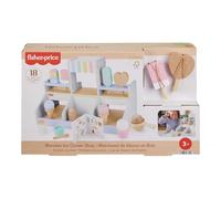 Fisher-Price - Gelateria in Legno, playset da 18 pezzi in legno tra cui espositore, gelati e ghiaccioli, coni, coppette, menu e cucchiai, giocattolo per bambini, 3+ anni, HXV21