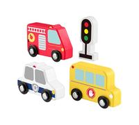 Fisher-Price - Pacchetto Veicoli in Legno, set da 4 pezzi con veicoli a spinta camion dei pompieri, scuolabus, auto della polizia e semaforo incluso, giocattolo per bambini, 2+ anni, JCY32