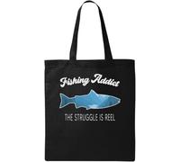 Fishing Addict The Struggle is Reel Borsa tote in cotone ecologico naturale nero, Nero , Taglia unica