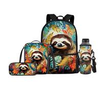 Fishisbird Set di 4 zaini per bambini e ragazzi, con portapranzo, astuccio porta bottiglie d'acqua, Bradipo tropicale, Taglia unica, Zaini Daypack