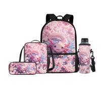 Fishisbird Set di zaini leggeri per la scuola con astuccio, borsa per il pranzo e portabottiglie per bambini e ragazzi, confezione da 4, Axolotl ai fiori di ciliegio, Taglia unica