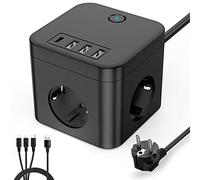 FISHOAKY Multipresa Cubo USB, con 3 prese (3680 W / 16 A) con 3 USB con 1 porta di tipo C, con interruttore a cavo da 1,5 m, protezione da sovratensione, adatto per ufficio/casa o viaggi
