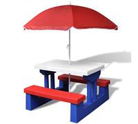Fisinber Mini tavolo da picnic con panche e ombrellone, multicolore | Robusto set di sedie junior per giardino e terrazza con ombrellone colorato per un gioco rilassante all'aperto.