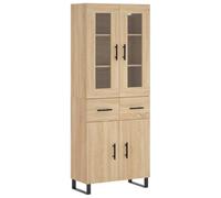 Fisinber Mobiletto alto in rovere Sonoma, 69,5 x 34 x 180 cm, in legno | Elegante armadio multiuso con pannelli in vetro e piedini in metallo per soggiorno o corridoio. Offre spazio versatile per