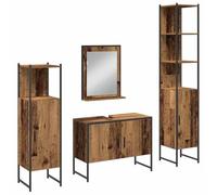 Fisinber Set di mobili da bagno con specchio, 4 pezzi, marrone, in legno | L'armadietto da bagno compatto e l'armadio alto offrono uno spazio strutturato per i prodotti da toeletta nel bagno moderno.