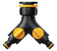 Fiskars Connettore Rubinetto 2 Vie Multi, Con Valvola On/Off, 3 Dimensioni di Filettatura: Ø 21 mm (1/2"), Ø 26,5 mm (3/4") e Ø 33,3 mm (1"), 85 g, Nero/Arancione, 1027061