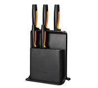 Fiskars Ceppo per Coltelli di Design con 5 Coltelli, Functional Form, Incl. Spelucchino, Coltello per Pomodoro, Coltello Santoku, Coltello da Cucina e per Pane, Plastica, Nero, 1057554