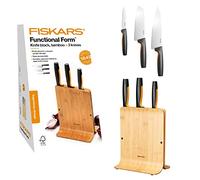 Fiskars Ceppo per coltelli di design in bambù con 3 coltelli, Functional Form, Incl. Spelucchino, Coltello Santoku e Coltello da cuoco, Plastica, Bambù, 1057553