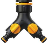 Fiskars Connettore Rubinetto 2 Vie Multi, Con Valvola On/Off, 3 Dimensioni di Filettatura: Ø 21 mm (1/2"), Ø 26,5 mm (3/4") e Ø 33,3 mm (1"), 85 g, Nero/Arancione, 1027061