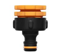 Fiskars Connettore Rubinetto Multi, Filettatura Interna per Rubinetti di Varie Misure, 3 Dimensioni di Filettatura: Ø 21 mm (1/2"), Ø 26,5 mm (3/4") e Ø 33,3 mm (1"), 17 g, Nero/Arancione, 1027051