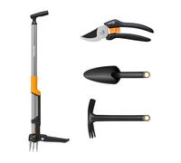 Fiskars Ergonomic Set Completo da Giardino, Set da 4 Pezzi, Estirpatore, Zappa, Paletta e Forbici da Giardino, Per Diserbo, Lavorazione del Terreno e Cura delle Piante, Nero/Arancione, 1082770