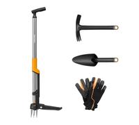 Fiskars Ergonomic Set per Piantagione e Cura del Terreno, 4 Pezzi, Estirpatore, Zappa, Paletta e Guanti da Lavoro, Per Cura Professionale delle Aiuole, Nero/Arancione, 1082771
