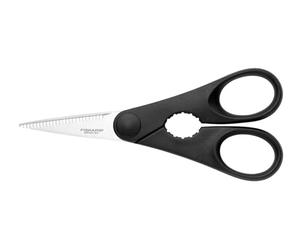 Fiskars Forbici da Cucina con svita-Tappi, Lunghezza 20 cm, Acciaio/Plastica, Essential, Nero, 20 x 8.8 x 1.2 cm, 1023820