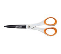 FISKARS Forbici universali antiaderenti, Lunghezza: 18 cm, Per destrorsi e mancini, Rivestimento in titanio/Lama in acciaio inossidabile/Impugnature in plastica, Bianco/Arancione, 1004720