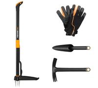 Fiskars Set di Attrezzi da Giardino, 4 pezzi, Sarchiatore Xact, Acciaio Inox/Plastica, Zappa e Cazzuola Combinata Solid, FiberComp,Guanti da Giardino, Misura: 10, Nero/Arancio, 1077308