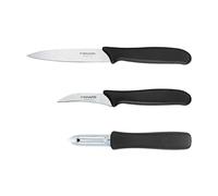 Fiskars Set di Sbucciatori, Spelucchino (Lama 11 cm), Coltello per Verdure (Lama 7 cm), Pelapatate (Lama 7 cm), Essential, Acciaio Inox / Plastica PP, Nero, 1065600