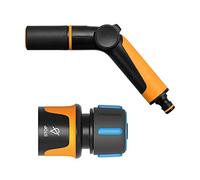 Fiskars Set per Innaffiare, 2 Pezzi, Pistola a Spruzzo, 2 Funzioni, Misura Universale, Attacco per Tubo STOP, Misura Universale, Diametro 13-15 mm (1/2-5/8"), SoftGrip, Nero/Arancio/Blu, 1065493