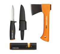 Fiskars Set per Stufa a Legna, Ascia per il Tempo Libero X5-XXS, 23 cm, Affilacoltelli e Asce Xsharp, Testa Affilatrice in Ceramica, Coltello Universale K40, Custodia Inclusa, 22,5 cm, 1057913