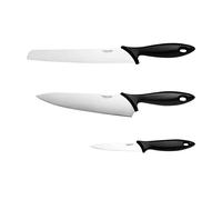 Fiskars Starter Set di 3 Coltelli, Coltello da Chef, Coltello per il Pane, Spelucchino (Lunghezza Lame: 20 cm, 23 cm, 11 cm), Essential, Acciaio Inox / Plastica PP, Nero, 1065583