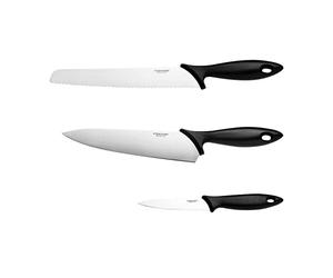Fiskars Starter Set di 3 Coltelli, Coltello da Chef, Coltello per il Pane | Spelucchino (Lunghezza Lame: 20 cm, 23 cm, 11 cm), Essential, Acciaio Inox / Plastica PP, Nero, 1065583