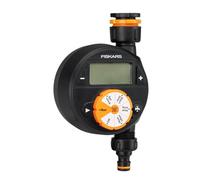 Fiskars Timer di irrigazione con 1 uscita | Per tutte le misure comuni di rubinetti, Display LCD facile da leggere, Misura universale, 380 g, Nero/Arancione, 1054791