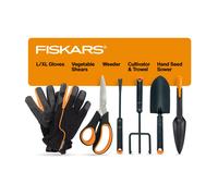Fiskars Vegetable Garden Tool Set with Vegetable Shears Seed Sower Trowel Cultivator Weeder and LXL Garden Gloves for Indo