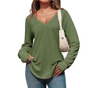 Fisoew Maglietta a Maniche Lunghe da Donna Scollo a V Profondo Top Oversize Maglietta a Maniche Lunghe Casual Maglietta Lunga con Foro per Il Pollice, Verde Militare, S