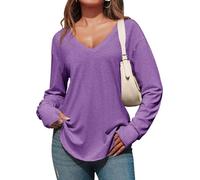 Fisoew Maglietta a Maniche Lunghe da Donna Scollo a V Profondo Top Oversize Maglietta a Maniche Lunghe Casual Maglietta Lunga con Foro per Il Pollice, Viola, XL