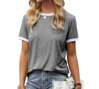 Fisoew Maglietta da donna a maniche corte, colore blocco, scollo rotondo, basic estivo, grigio chiaro, XXL