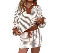 Fisoew Set da donna a righe in 2 pezzi con felpa casual e gonna, a maniche lunghe, set da allenamento abbinati, Marrone scuro, XX-Large