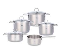 Fissler Hamburg Set di pentole in acciaio inox, 5 pezzi, con coperchio in vetro, per cottura a induzione e tutti i tipi di fornelli, 3 pentole, 1 rostiera, 1 tegame senza coperchio