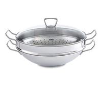 Fissler Nanjing Padella wok in acciaio inox 36 cm, grande padella wok senza rivestimento, padella di ispirazione asiatica con coperchio in vetro, incluso inserto vaporiera, anche a induzione