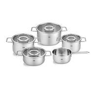 Fissler Pure Collection - Set di pentole in acciaio inox, 5 pezzi, pentole con coperchi in vetro (3 pentole, 1 padella, 1 casseruola), compatibile induzione