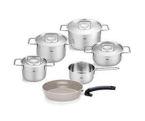 Fissler Pure Collection - Set di pentole in acciaio inox, 6 pezzi, pentole con coperchi in metallo (3 pentole, 1 padella, 1 casseruola, padella Ceratal Comfort 24 cm), compatibile induzione
