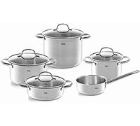 Fissler San Francisco Set di pentole in acciaio inox, 5 pezzi, con coperchio in vetro, per cottura a induzione e tutti i tipi di fornelli, 3 pentole, 1 rostiera, 1 tegame senza coperchio