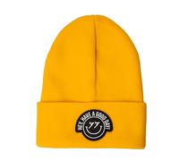 Fisura - Berretto invernale unisex "Good day". Berretto invernale da uomo in senape. Berretto invernale da donna con messaggio. Berretto lavorato a maglia in acrilico e poliestere.