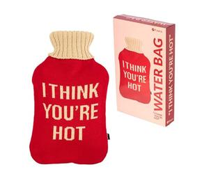 Fisura - Borsa dell'acqua calda "I think you're hot" rosso e beige. Borsa dell'acqua calda da 2 L con fodera morbida. Borsa per alleviare il dolore. Lavabile.