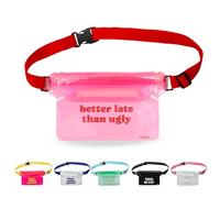 Fisura - Borsa impermeabile “Better late than ugly”. Marsupio rosa e rosso resistente all’acqua con cintura regolabile. Dimensione ideale per ogni avventura. 22,5 x 12,5 cm.