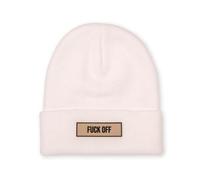 Fisura - Cappello Invernale Unisex “F*CK off”. Cappello Donna Bianco in Maglia con Risvolto e Scritta Originale in Gomma. Regalo Originale e Divertente, Taglia Unica, Ideale per l’Inverno.