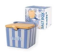 Fisura - Saliera originale blu con coperchio “salt”. Barattolo quadrato XL in ceramica con tappo in legno e cucchiaio. Porta sale, zucchero o spezie. 10 x 10 x 9 cm.
