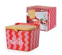Fisura Saliera originale con coperchio "stay salty" rosa. Saliera extra large quadrata in ceramica con coperchio in legno e cucchiaio. Barattolo per sale da cucina. Zuccheriera o portaspezie. 10 x 10