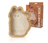 Fisura - Salvadanaio per bambini in legno a forma di gatto. Design trasparente per monete e banconote. Legno e metacrilato. Regalo educativo originale. 15 x 21 cm.