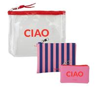 Fisura - Set 3 beauty case “Ciao”, pochette trucco, astuccio medicinali e portamonete, organizer viaggio e mare, accessori estate, realizzati in PVC e PU