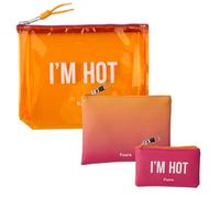Fisura - Set 3 beauty case “I’m hot”, pochette trucco, astuccio medicinali e portamonete, organizer viaggio e mare, accessori estate, realizzati in PVC e PU