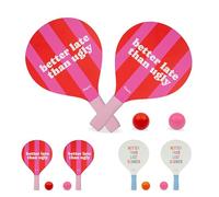 Fisura - Set racchette da spiaggia originale “Better late than ugly”. Racchette in legno rosa e rosso con borsa a rete. Accessorio divertente per l’estate. 2 palline incluse.