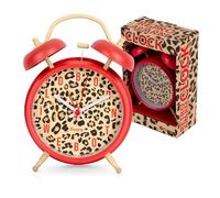 Fisura - Sveglia analogica senza ticchettio in metallo con luce LED notturna, stampa leopardata rossa e messaggio “better late than ugly”. 11,7x5,5x16 cm, funziona con 1 pila AA non inclusa