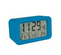 Fisura - Sveglia digitale blu con LED. Orologio indicatore di data e temperatura. 2 allarmi. Pulsante Snooze. 2 batterie AAA. Gomma ABS. Misure: 12x5,5x7
