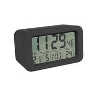 Fisura - Sveglia digitale nero con LED. Orologio con data e indicatore di temperatura. 2 allarmi. Pulsante Snooze. 2 batterie AAA. Gomma ABS. Misure: 12x5,5x7