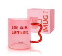Fisura - Tazza da caffè in vetro con scritta “Caffeinated”. Tazza in borosilicato rosa con manico originale rosso. Bicchiere per tè o caffè. Capacità 410 ml.